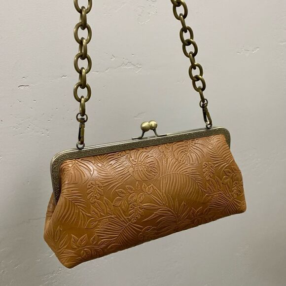 Handmade Genuine Leather Embossed Leaves Kisslock Clutch/Shoulder Bag/Crossbody - Picture 3 of 13